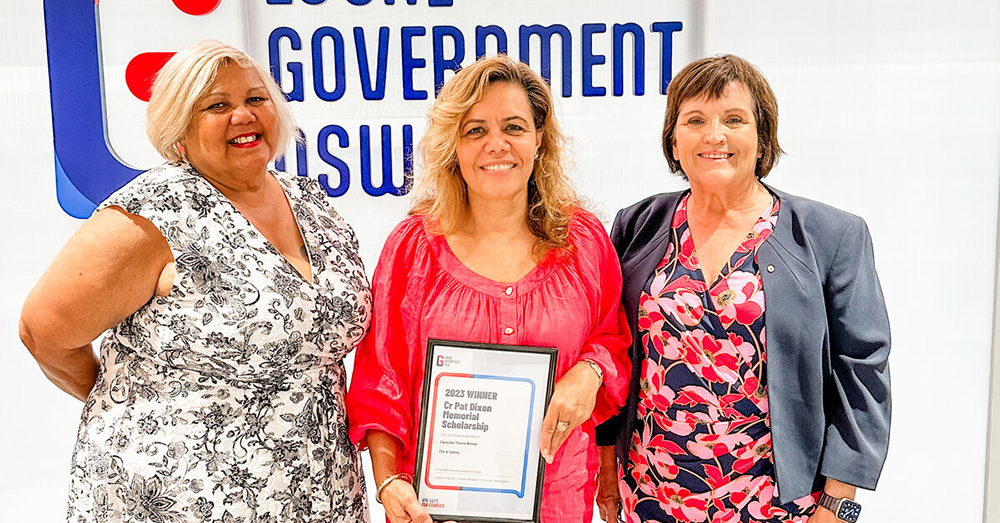 LGNSW President Cr Darriea Turley AM with Pat Dixon Scholarship Winner Cr Yvonne Weldon, and trustee Cr Trish Frail from Brewarrina Shire Council.