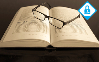 An open book with a pair of reading glasses. Superimposed is a "Member Only" symbol.